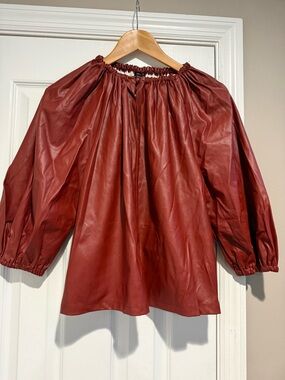Women's Faux Leather Burgundy Peasant Blouse
